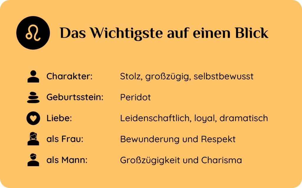 Kurzüberblick zum Sternzeichen Löwe – Charaktereigenschaften, Geburtsstein, Liebesleben und geschlechtsspezifische Merkmale.