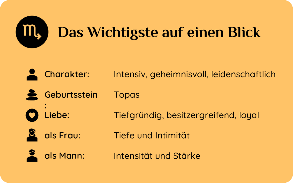 Kurzüberblick zum Sternzeichen Skorpion – Charaktereigenschaften, Geburtsstein, Liebesleben und geschlechtsspezifische Merkmale.