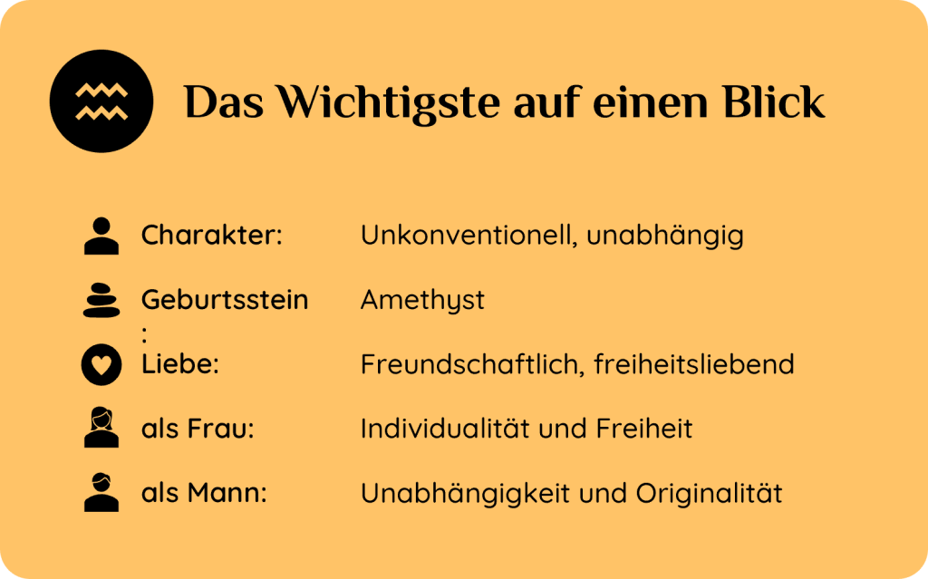 Kurzüberblick zum Sternzeichen Wassermann – Charaktereigenschaften, Geburtsstein, Liebesleben und geschlechtsspezifische Merkmale.
