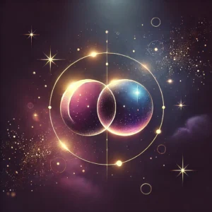 Zwei sich überschneidende leuchtende Sphären in einem goldenen Energiekreis – Symbol für Dualseelen, spirituelle Verbindung und kosmische Liebe