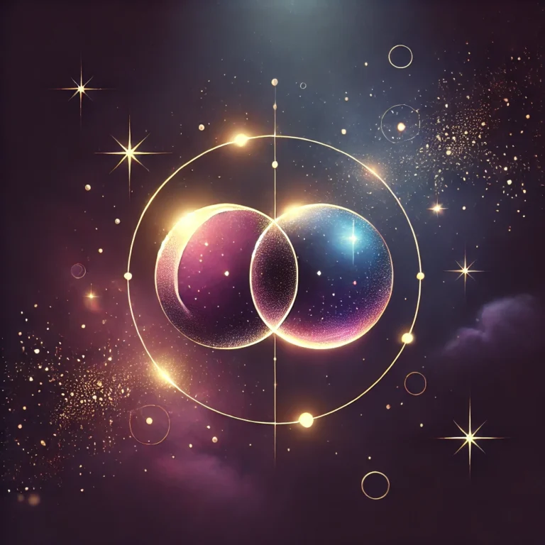 Zwei sich überschneidende leuchtende Sphären in einem goldenen Energiekreis – Symbol für Dualseelen, spirituelle Verbindung und kosmische Liebe