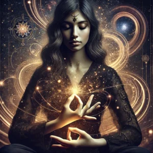 Meditierende Frau mit geschlossenen Augen, die leuchtende Mudras ausführt – Symbol für Energiefluss, Achtsamkeit und spirituelle Praxis.