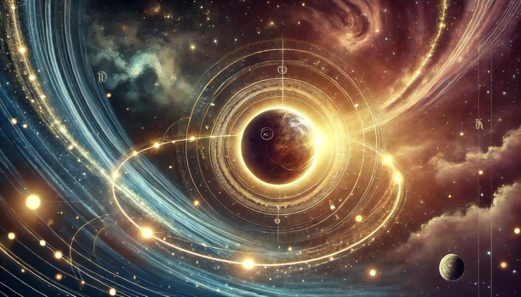 Illustration eines leuchtenden Planeten in Rückwärtsbewegung, umgeben von kosmischen Energiewellen – Symbol für rückläufige Planeten in der Astrologie