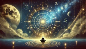 Illustration eines leuchtenden vedischen Astrologie-Diagramms mit meditierender Figur – Symbol für kosmische Weisheit und Selbstverbesserung