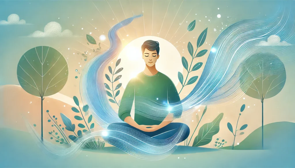 Illustration einer entspannten Person in natürlicher Umgebung, umgeben von sanften Energiewellen – Symbol für Achtsamkeit im Alltag.