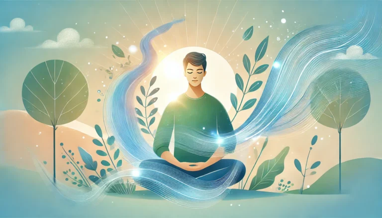 Illustration einer entspannten Person in natürlicher Umgebung, umgeben von sanften Energiewellen – Symbol für Achtsamkeit im Alltag.