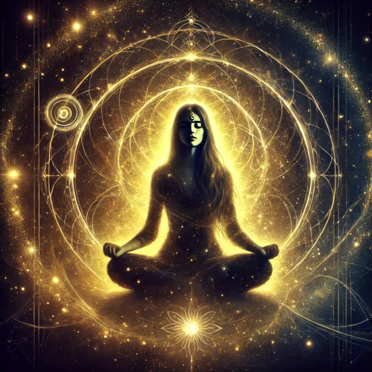 Meditierende Frau in einem leuchtenden Energiefeld mit heiligem Symbol auf der Stirn – Darstellung der spirituellen Reinigung und Harmonisierung des Karmas.