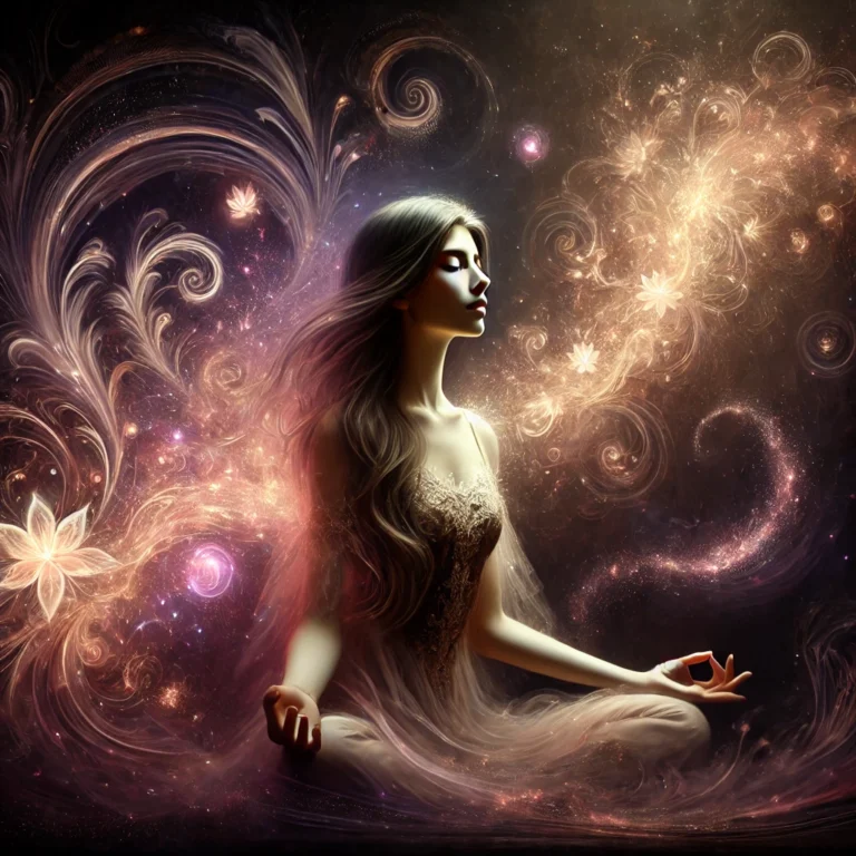 Meditierende Frau in einem fließenden Kleid, umgeben von der magische Energie der Meditation – Symbol für Achtsamkeit, innere Ruhe und spirituelle Meditation.