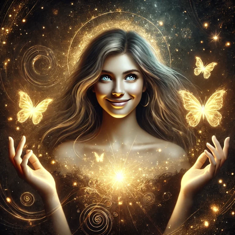 Eine lächelnde Frau mit leuchtender Aura und goldenen Schmetterlingen als Symbol für positive Gedanken, Optimismus und innere Transformation.