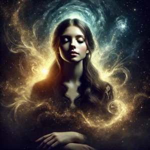 Frau mit geschlossenen Augen, umgeben von goldener Lichtenergie und kosmischer Aura – Symbol für tiefe Atmung, innere Ruhe und spirituelle Verbindung.