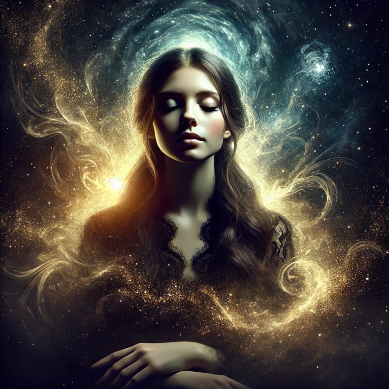 Frau mit geschlossenen Augen, umgeben von goldener Lichtenergie und kosmischer Aura – Symbol für tiefe Atmung, innere Ruhe und spirituelle Verbindung.