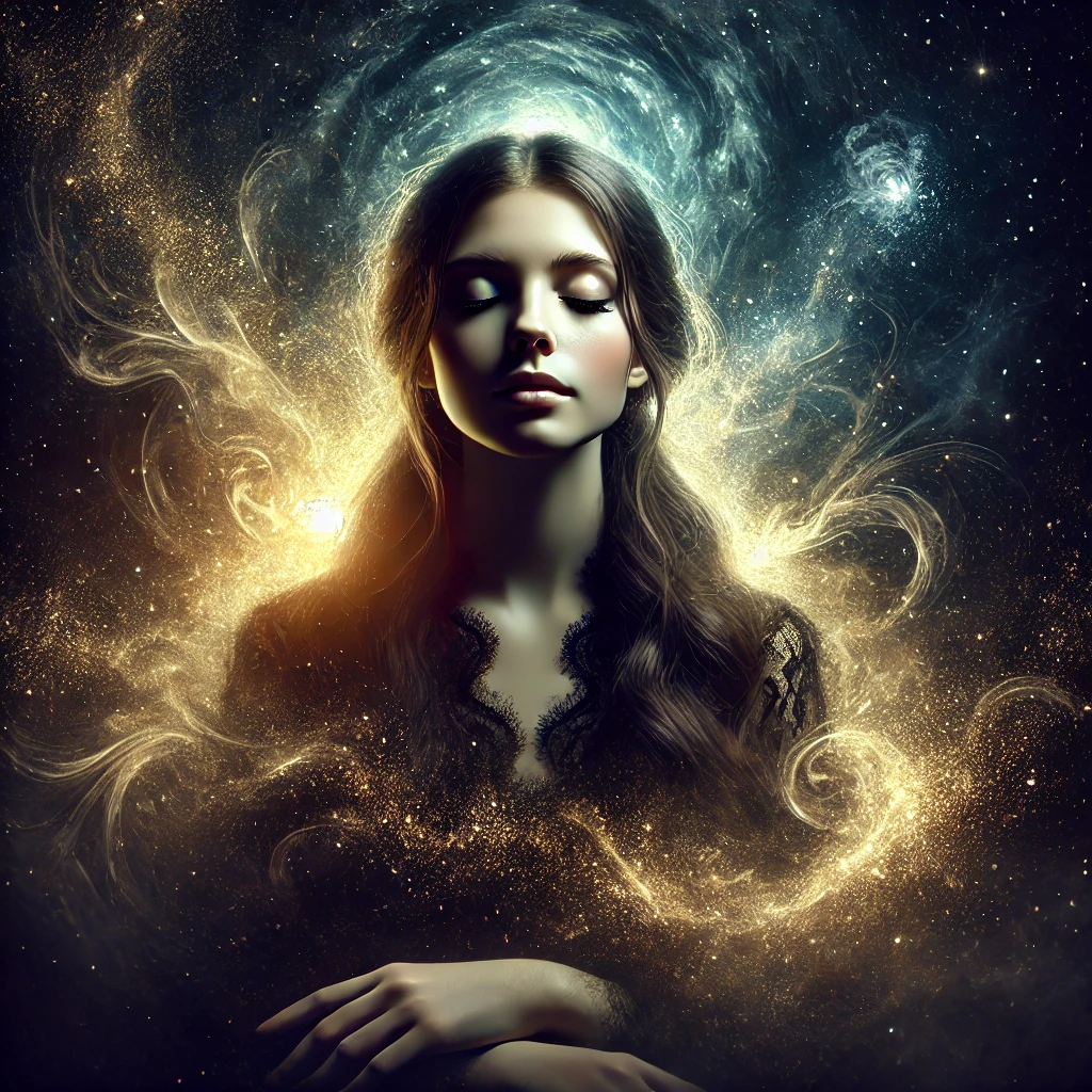 Frau mit geschlossenen Augen, umgeben von goldener Lichtenergie und kosmischer Aura – Symbol für tiefe Atmung, innere Ruhe und spirituelle Verbindung.