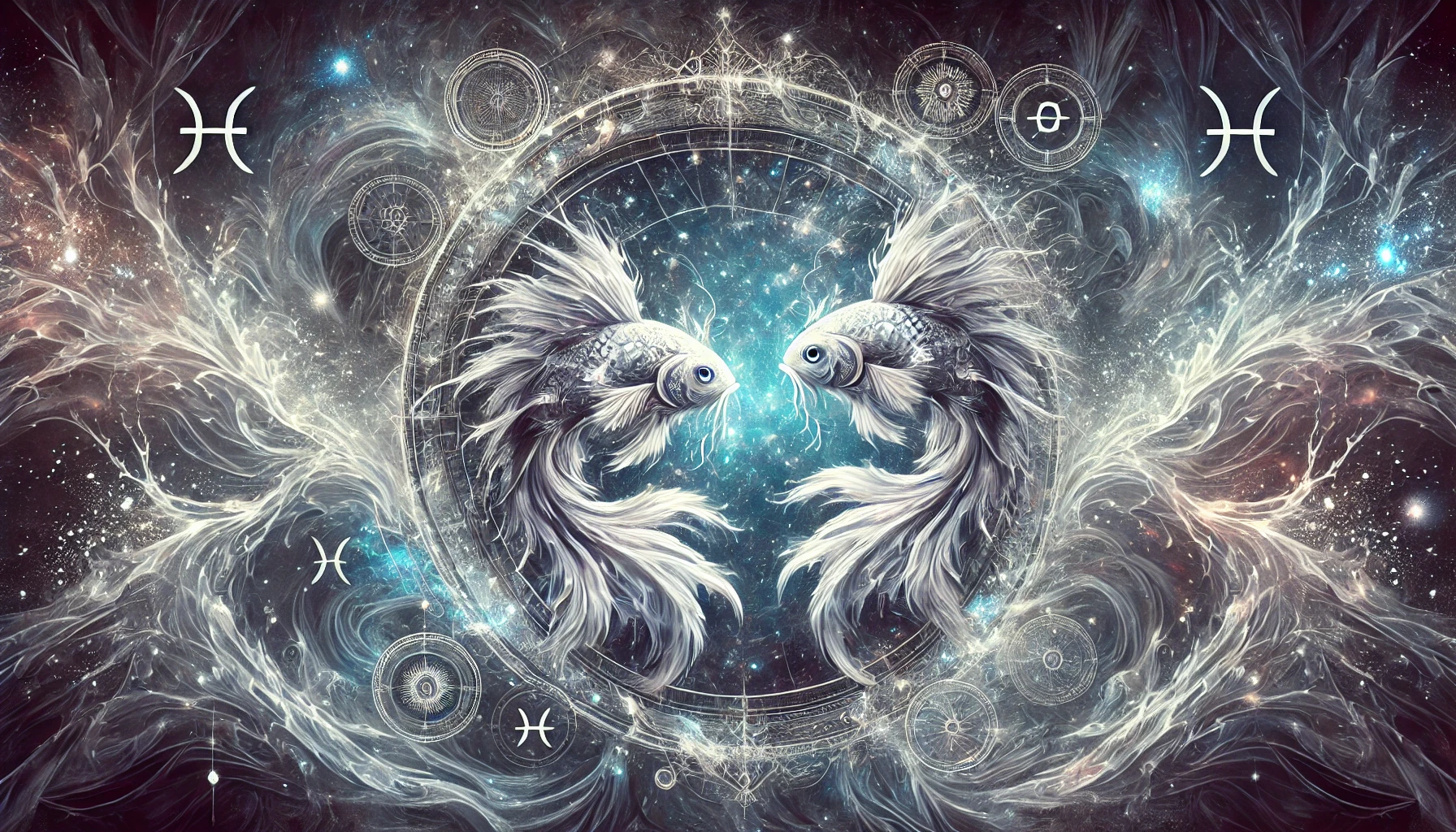 Zwei mystische Fische, die sich in einem kosmischen Energiekreis spiegeln – Symbol für das Sternzeichen Fische und seine spirituelle Tiefe.