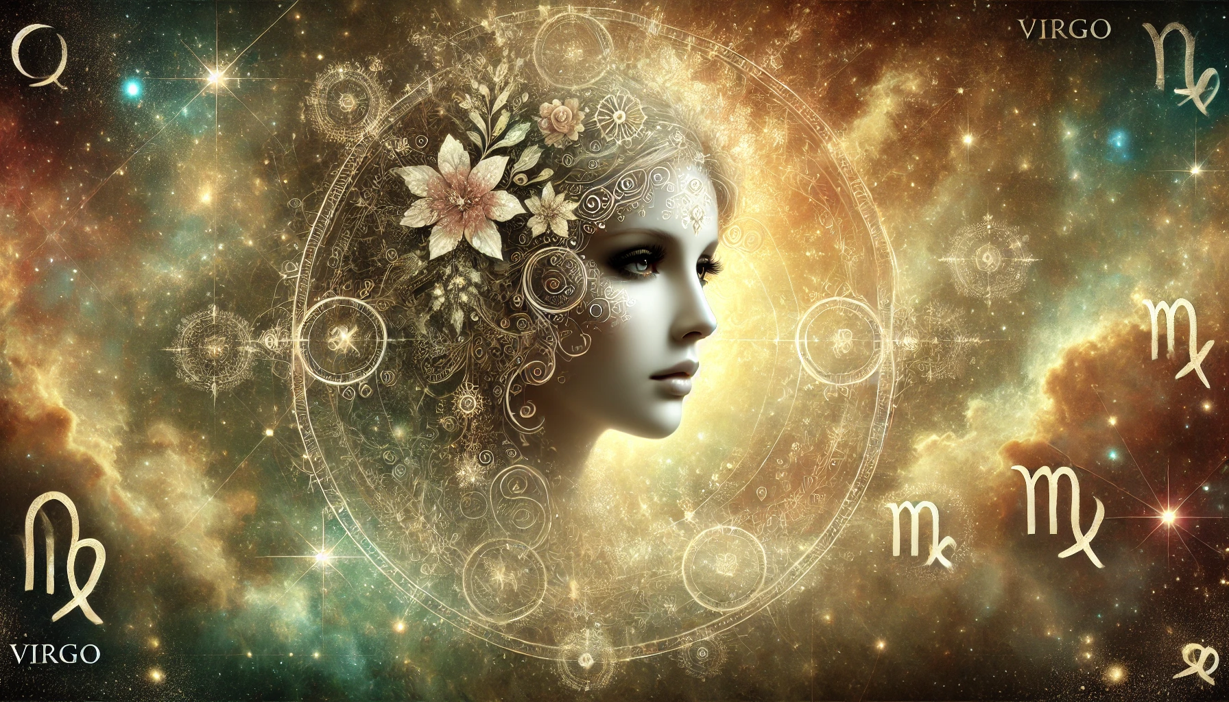 Elegante Frau mit floraler Verzierung im Haar vor einem astrologischen Kreis – Symbol für das Sternzeichen Jungfrau und seine analytische sowie naturverbundene Energie.