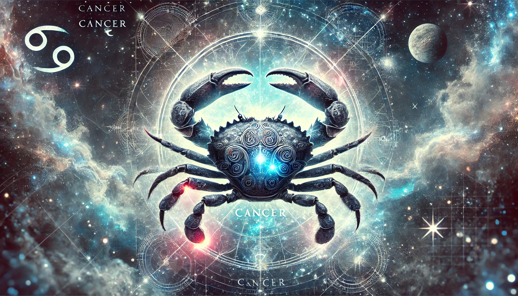 Mystische Krabbe mit leuchtender Aura vor einem astrologischen Symbolkreis – Symbol für das Sternzeichen Krebs und seine emotionale Tiefe.