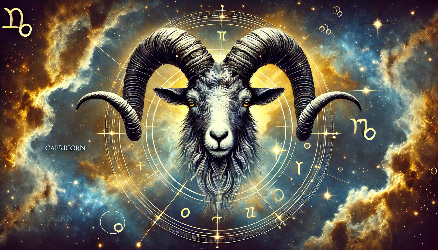 Majestätischer Steinbock mit imposanten Hörnern vor einem astrologischen Kreis – Symbol für das Sternzeichen Steinbock und seine Disziplin sowie Zielstrebigkeit.
