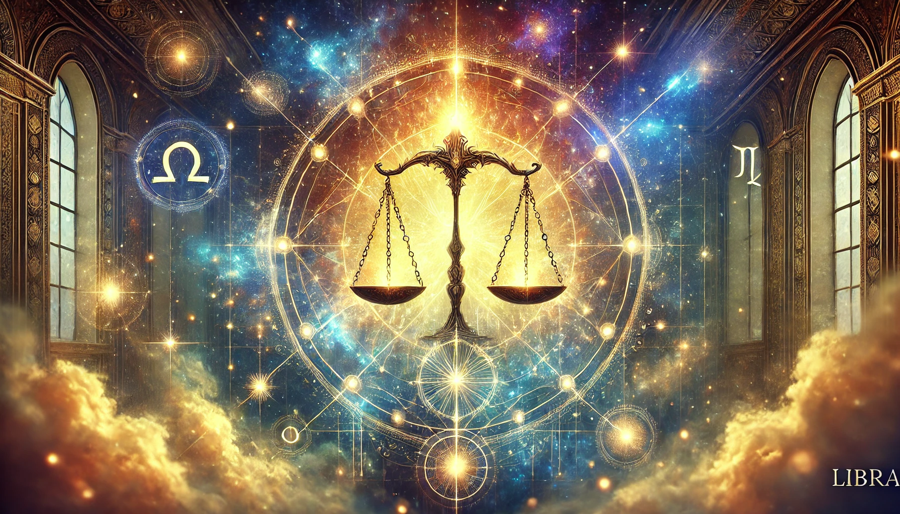 Strahlende Waage vor einem astrologischen Energiekreis – Symbol für das Sternzeichen Waage und seine Harmonie, Gerechtigkeit und Ausgeglichenheit.