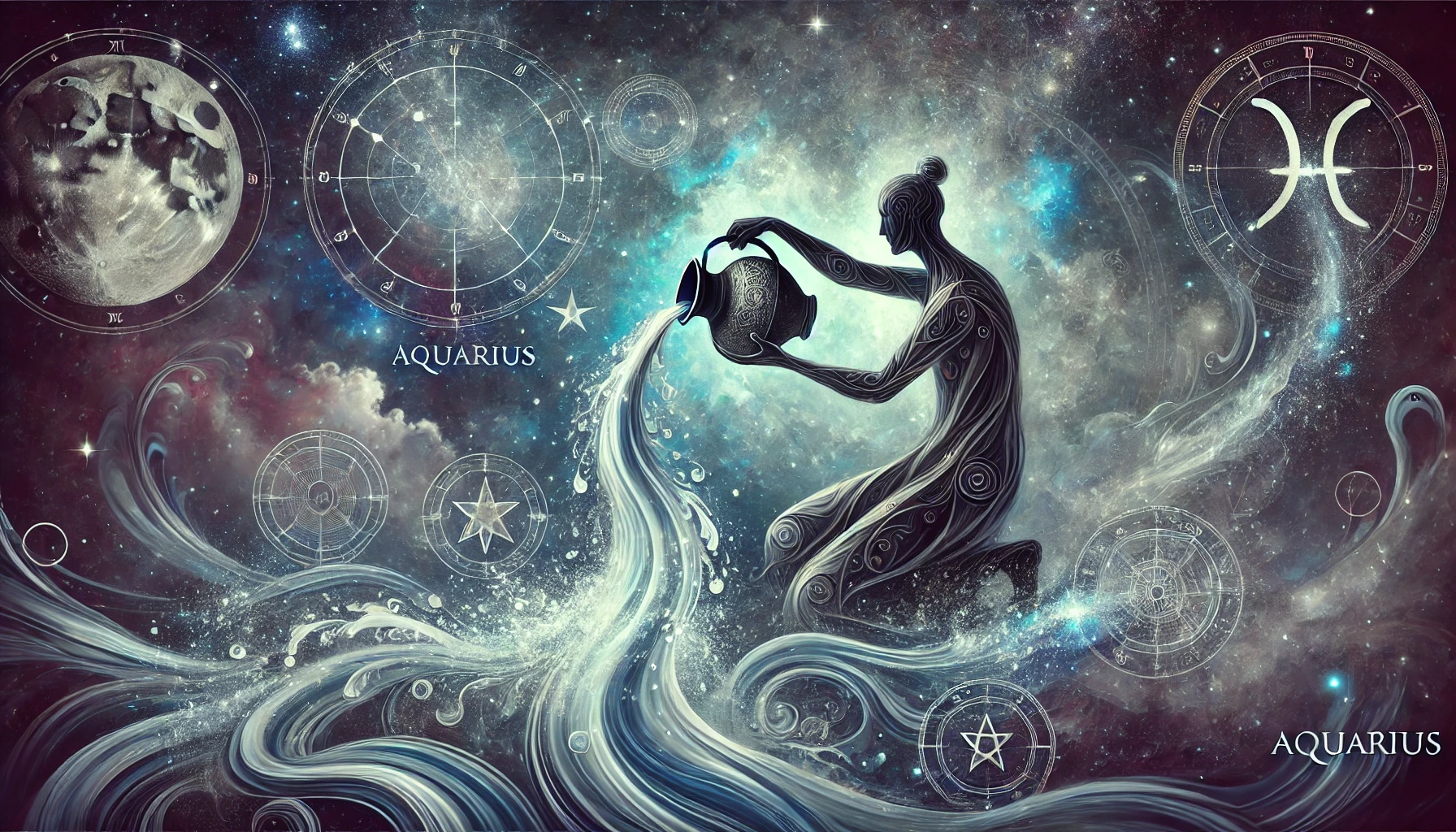 Mystische Figur, die Wasser aus einem Krug in das Universum gießt, umgeben von astrologischen Symbolen – Darstellung des Sternzeichens Wassermann.