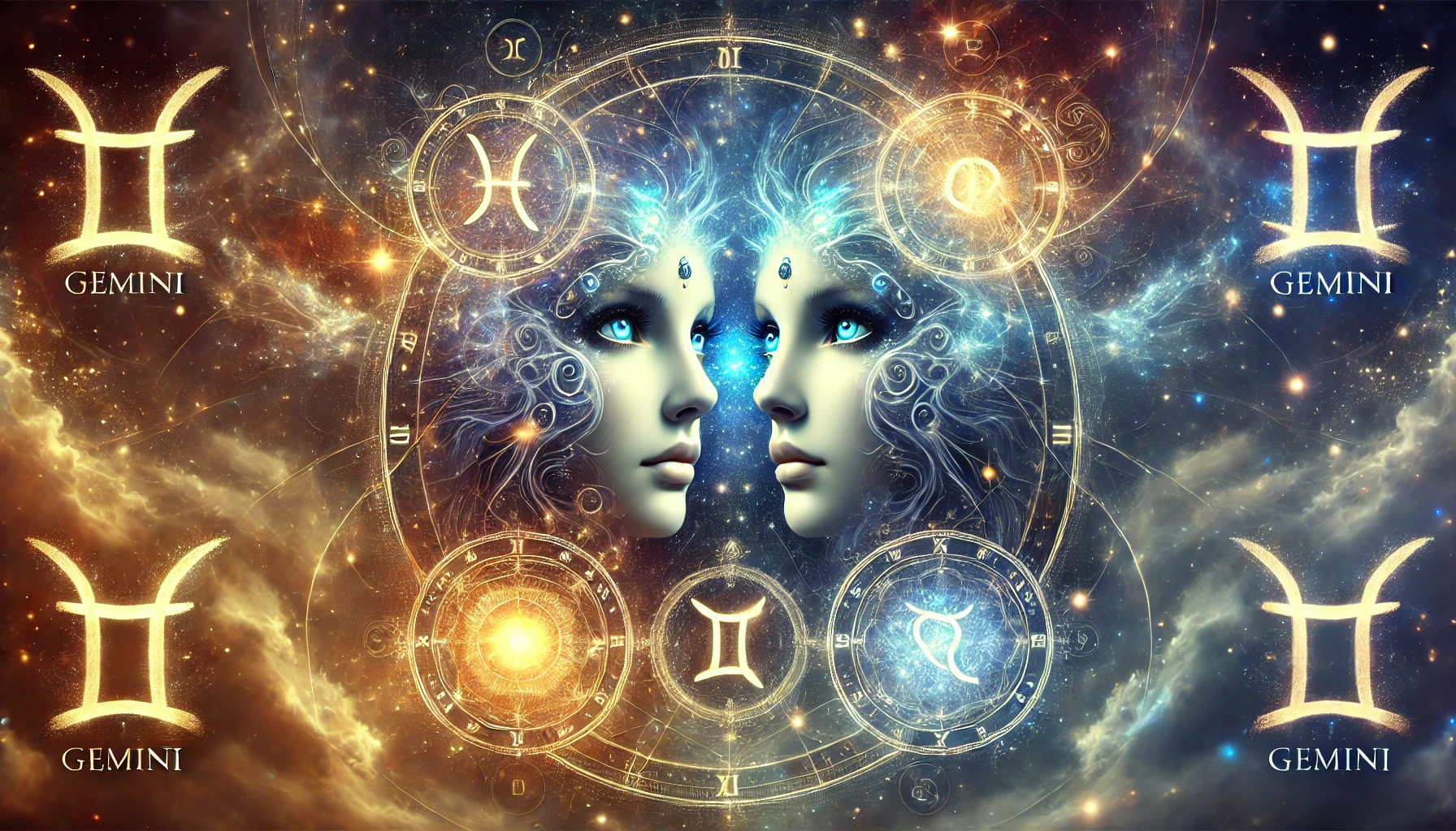 Mystische Darstellung der Zwillinge mit leuchtenden Augen und astrologischen Symbolen – Symbol für das Sternzeichen Zwillinge und seine duale Natur.