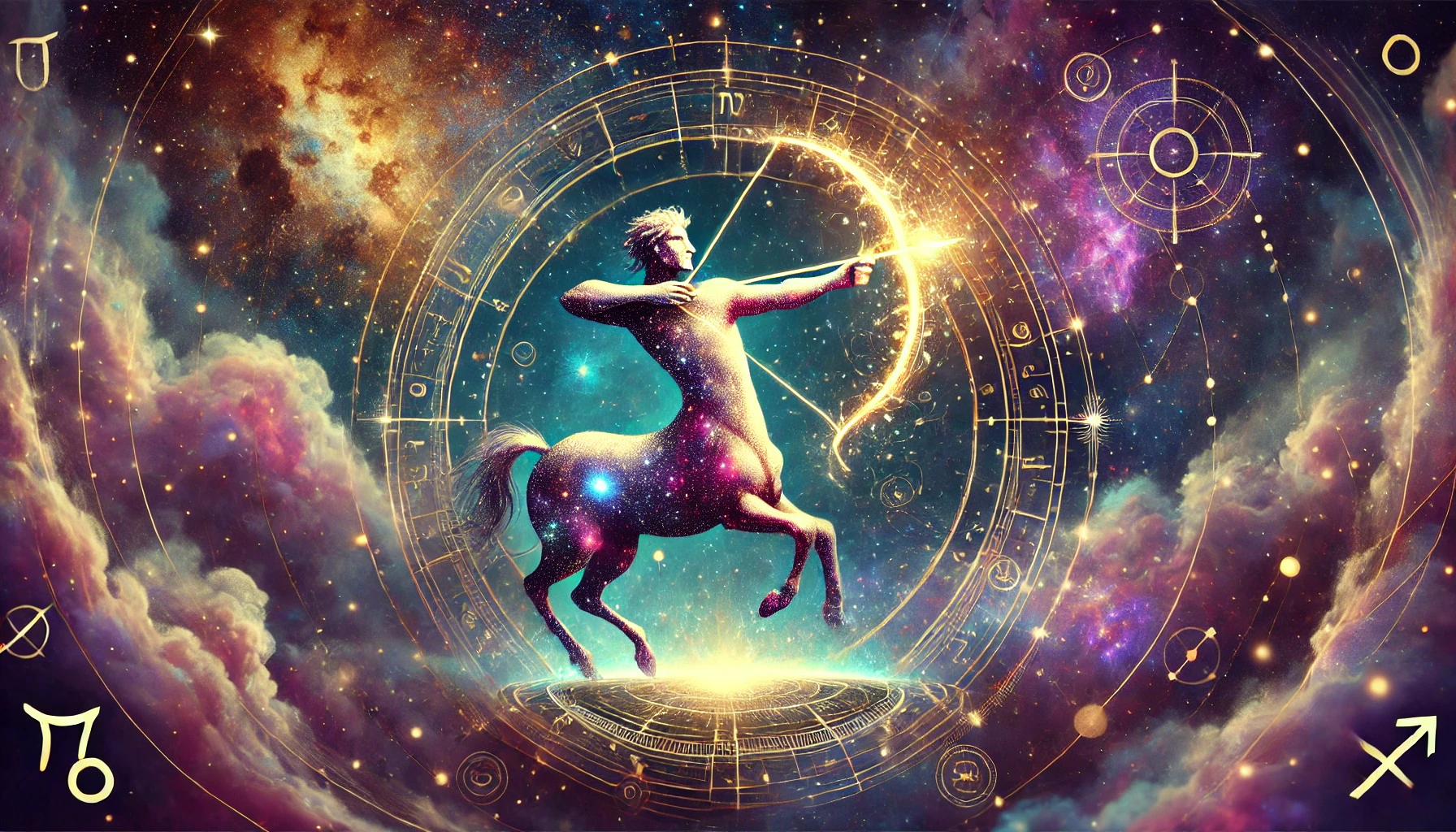 Mystischer Zentaur mit gespanntem Bogen vor einem astrologischen Symbolkreis – Darstellung des Sternzeichens Schütze und seiner abenteuerlichen Energie.