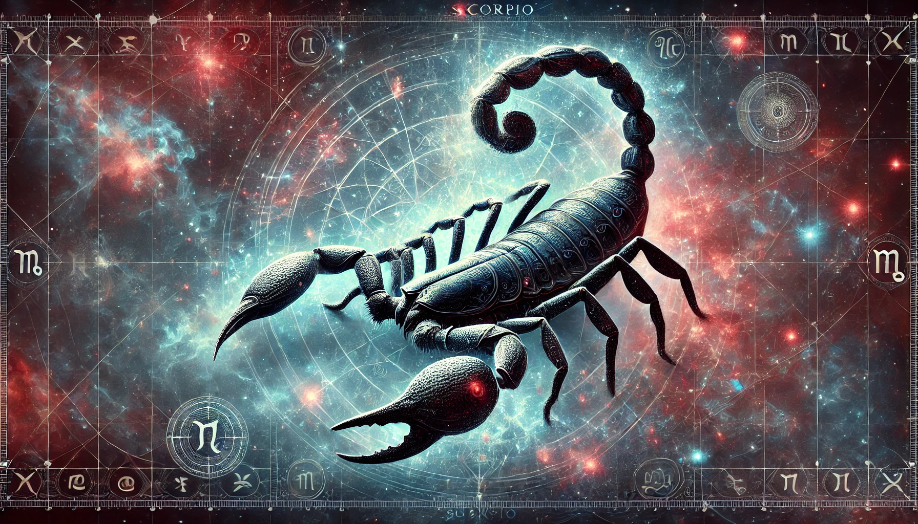 Mystischer Skorpion mit leuchtenden Augen vor einem kosmischen Hintergrund und astrologischen Symbolen – Symbol für das Sternzeichen Skorpion und seine transformative Energie.