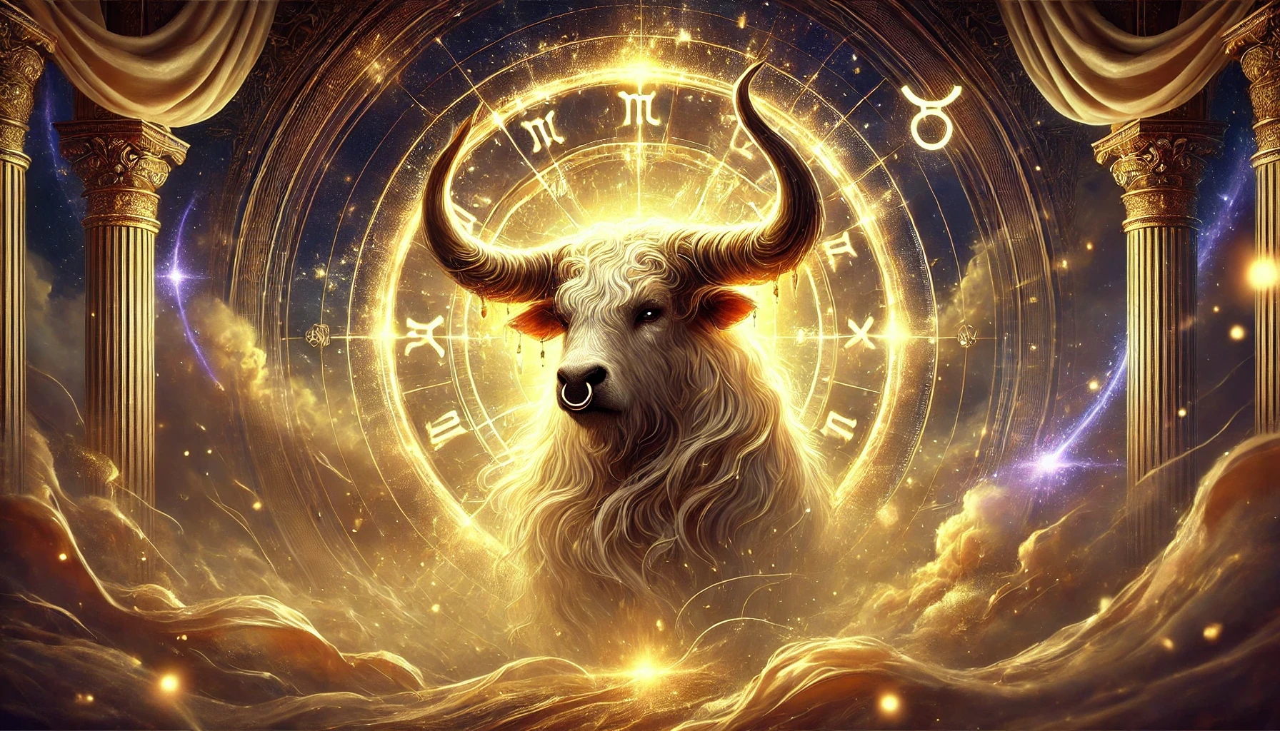 Majestätischer Stier mit goldener Aura vor einem astrologischen Zodiak-Kreis – Symbol für das Sternzeichen Stier und seine starken Eigenschaften.