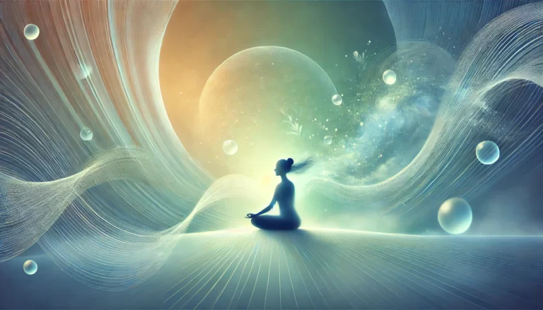 Illustration einer entspannten Person in meditativer Haltung mit fließenden Energiewellen – Symbol für Stressbewältigung durch Atemtechniken.