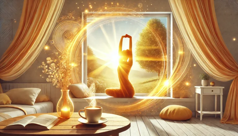 Illustration einer Person, die sich am Morgen vor einem sonnigen Fenster streckt – Symbol für eine positive und kraftvolle Morgenroutine.