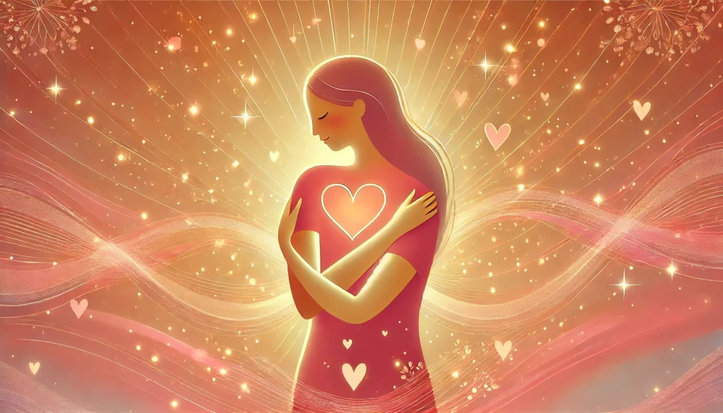 Illustration einer Person, die sich selbst umarmt, umgeben von sanften Energiewellen – Symbol für Selbstliebe und Selbstakzeptanz.