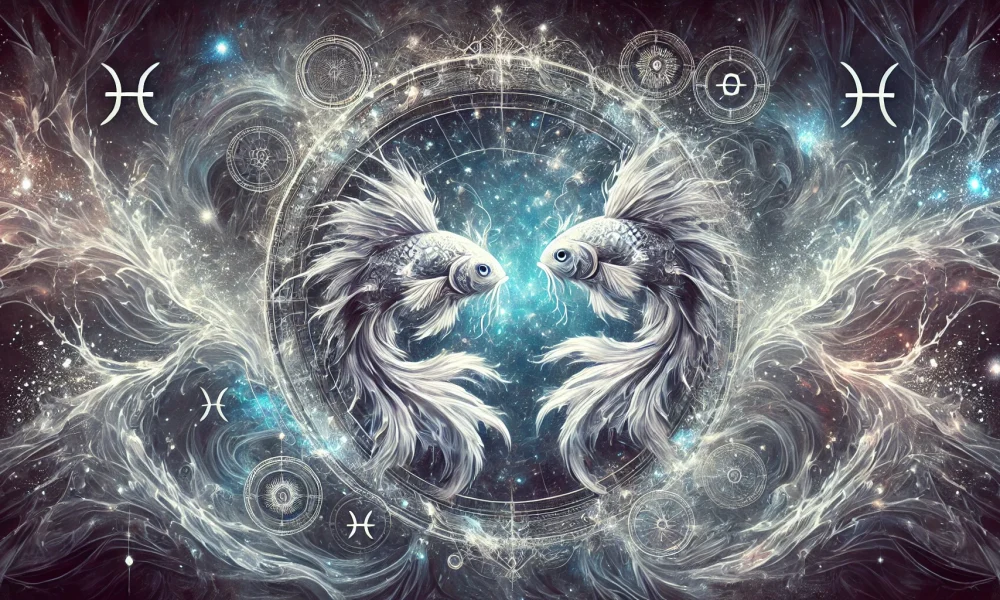 Zwei mystische Fische, die sich in einem kosmischen Energiekreis spiegeln – Symbol für das Sternzeichen Fische und seine spirituelle Tiefe.