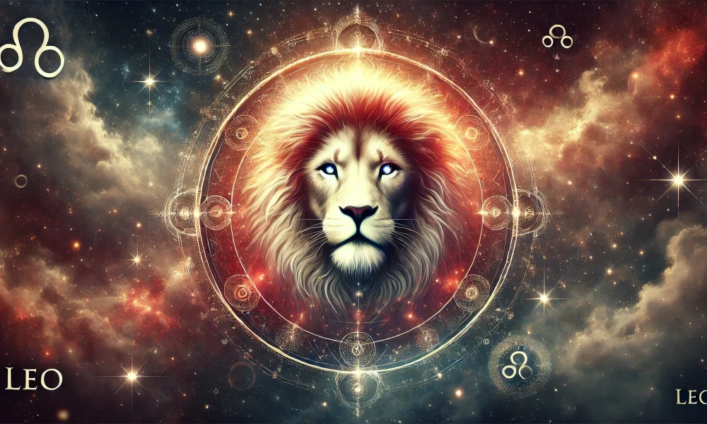 Majestätischer Löwe mit leuchtender Mähne vor einem astrologischen Kreis – Symbol für das Sternzeichen Löwe und seine kraftvolle Ausstrahlung.